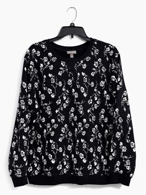 Style & Co Ink Flora Print Fleece Sweatshirt Women’s XL Black Botanical Crewneck